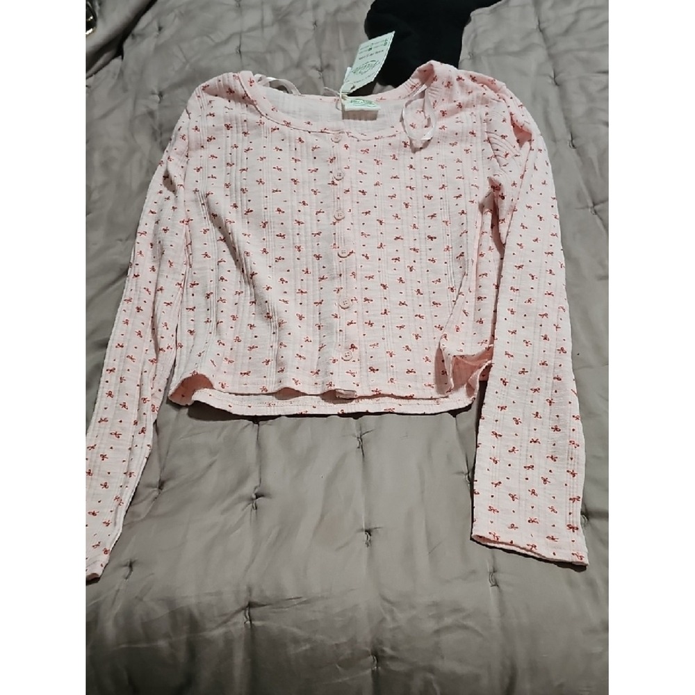 Newin Blush Bow Ribbed Cropped Cardigan Long Sleeve Button Up Top Pink Small